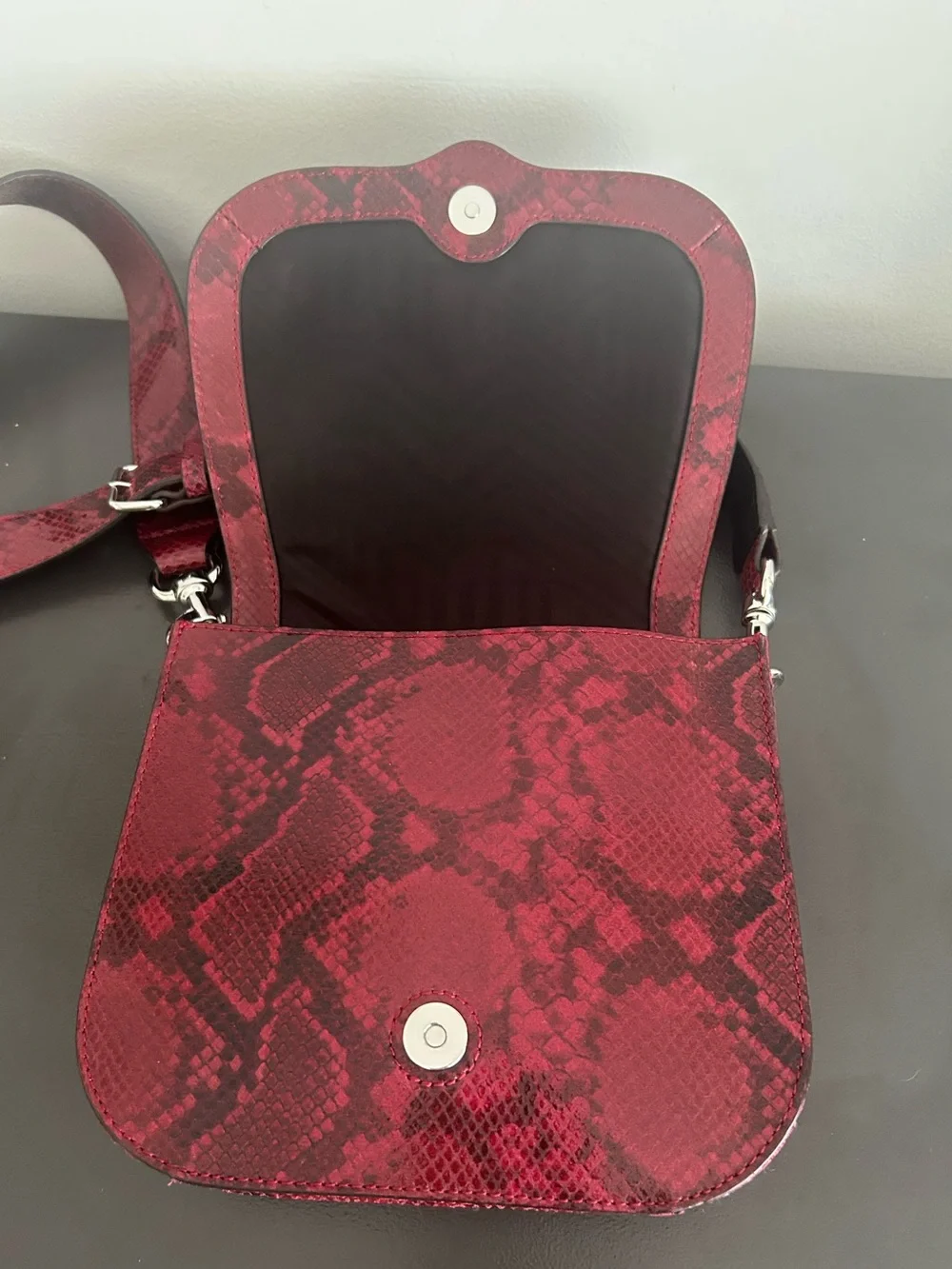 Rebecca Minkoff Red Python Embossed Leather Saddle Crossbody Snake Print Bag